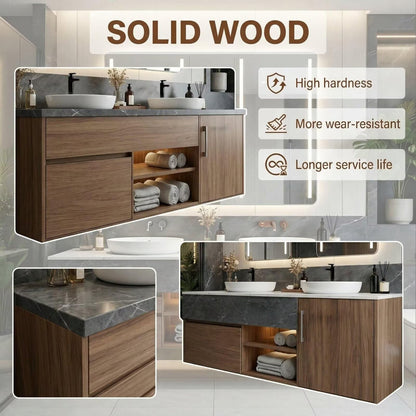 60”-96”Modern Floating Bathroom Vanity with Marble Top, LED Open Shelf & Smart Mirror