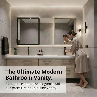 60”-96”Natural Wood Bathroom Vanity with Double Sinks & 6 Drawer Storage