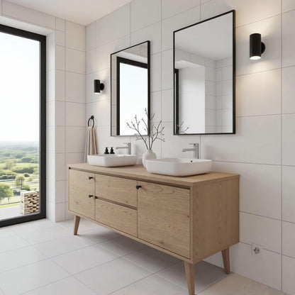 60"-96"Modern Scandinavian Bathroom Vanity with Double Sinks & Oak Cabinet