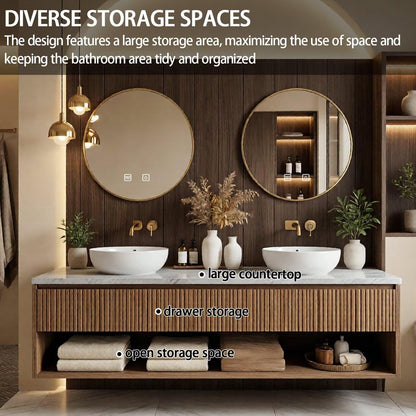60"-84"Floating Oak Bathroom Vanity with Double Vessel Sinks & LED Round Mirrors