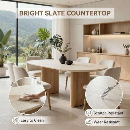 60"-80"Oval Dining Table with Travertine Top & Light Wood Base, Minimalist Kitchen Table