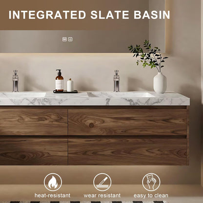 60”-84”Wall-Mounted Double Bathroom Vanity - Light Oak Wood Cabinet with White Stone Top & Gold Hardware
