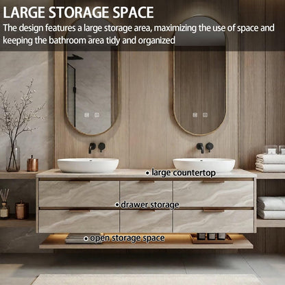 60”-84”Double Floating Vanity, Light Beige Cabinet with LED Backlit Mirror