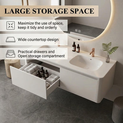 60"-84"Modern Floating Bathroom Vanity Set with LED Round Mirror & Rose Gold Handles