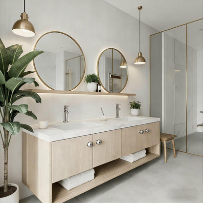 60"-96"Light Oak Floating Bathroom Vanity with Double Sinks & LED Mirrors