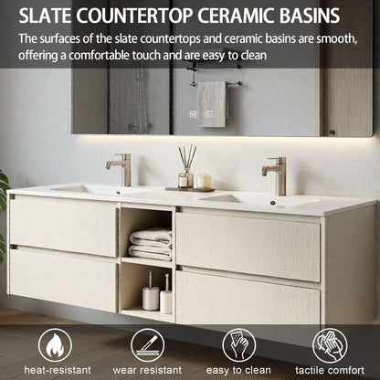 60"-84"Modern White Wood Bathroom Vanity with Open Storage & Integrated Sinks, LED Mirror