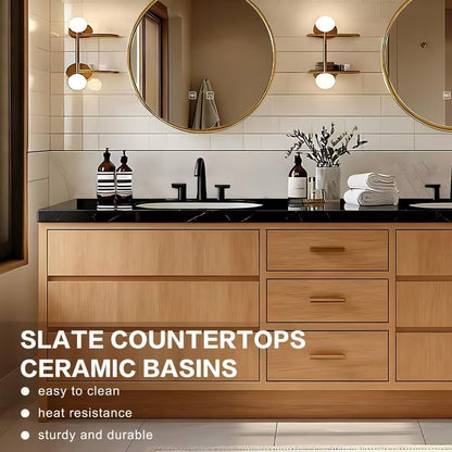 60"-96"Modern Light Oak Double Sink Bathroom Vanity with Black Stone Countertop
