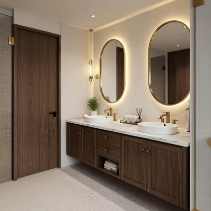 60"-84"Luxury Walnut Bathroom Vanity with Undermount Sinks & Backlit Oval Mirrors