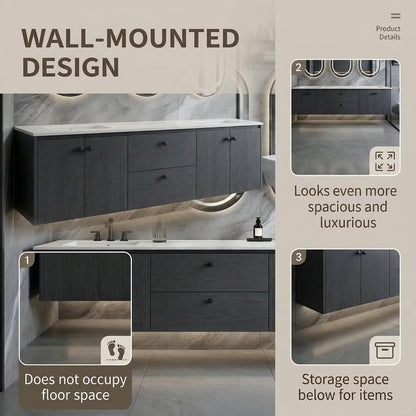 60"-96"Dark Wood Floating Bathroom Vanity with Double Sinks & LED Oval Mirrors