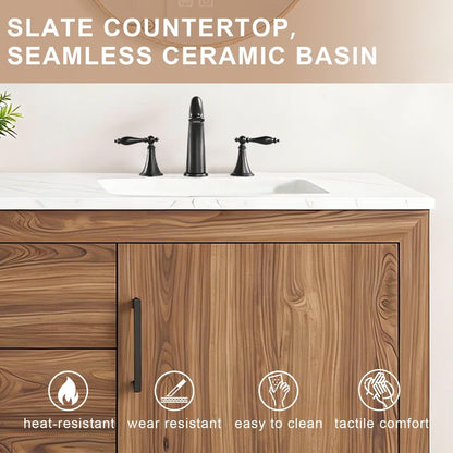 60”-84”Double Sink Freestanding Bathroom Vanity with 2 Round LED Mirrors, Walnut Wood Vanity with Marble Top & Black Hardware