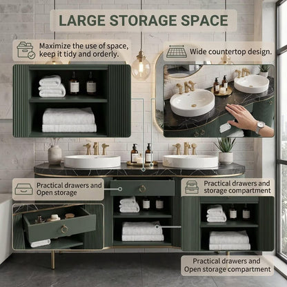 60"-96"Freestanding Green Bathroom Vanity with Double Vessel Sinks & LED Mirrors