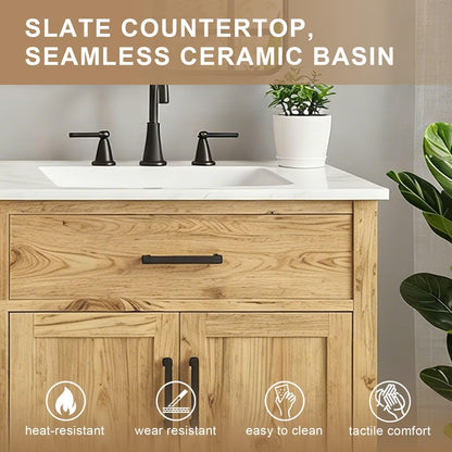 60”-84”Double Sink Bathroom Vanity with LED Mirrors, Freestanding Solid Wood Cabinet with Marble Top, Natural Oak