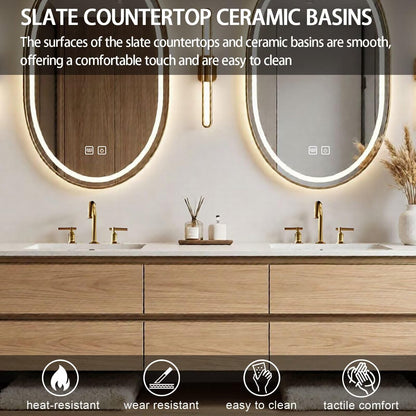 60"-84"Modern Light Wood Bathroom Vanity with Storage Drawers & Dual Smart LED Mirrors