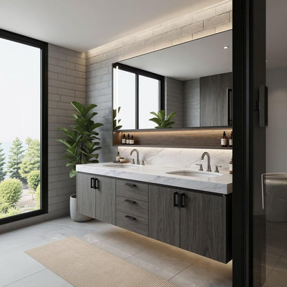 60"-96"Modern Wall-Mounted Bathroom Vanity with Double Sinks & Open Mirror Shelf