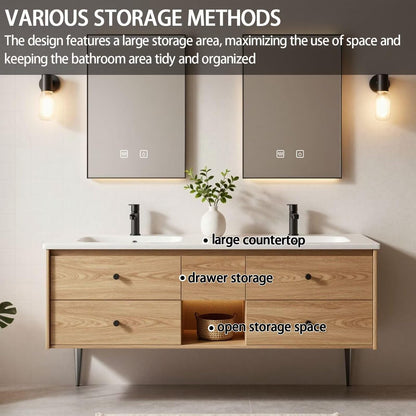 60"-84"Floating Oak Bathroom Vanity with Double Sinks & LED Mirrors