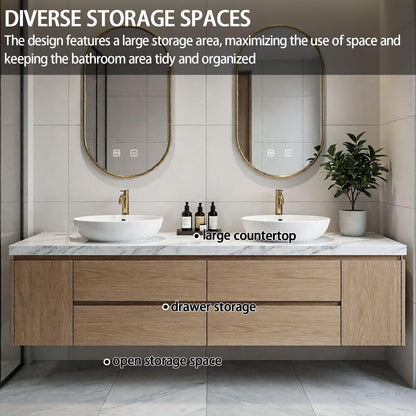 60"-84"Floating Oak Bathroom Vanity with Marble Top & Oval Gold LED Mirrors