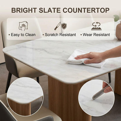 60"-80"Modern White Marble Dining Table Set with 4 Upholstered Chairs, Wood Legs
