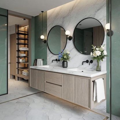 60"-84"Modern Floating Bathroom Vanity with Double Sinks & Round Black Framed Mirrors