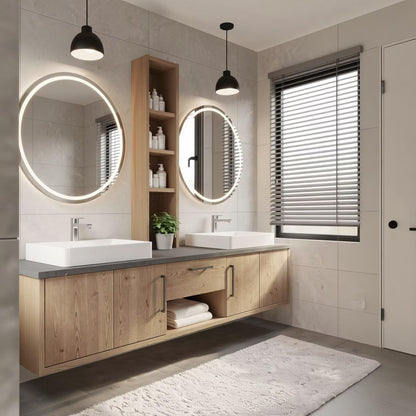 60"-96"Light Oak Floating Bathroom Vanity with Double Vessel Sinks & LED Round Mirrors