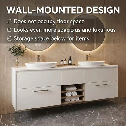 60”-84”Double Sink Floating Bathroom Vanity with LED Round Mirrors, White Cabinet & Stone Top