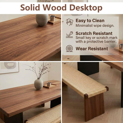 60"-80"Rectangular Walnut Dining Table with Black Metal Legs & Woven Bench, Mid-Century Style