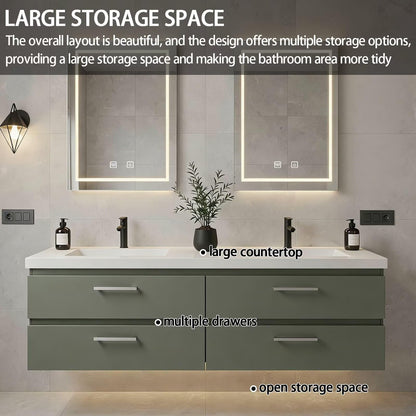 60”-84”Double Sink Floating Bathroom Vanity with LED Mirrors, Sage Green Cabinet & Silver Hardware
