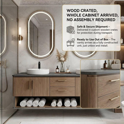 60”-96”Oak Floating Double Sink Vanity with LED Oval Mirrors & Open Storage