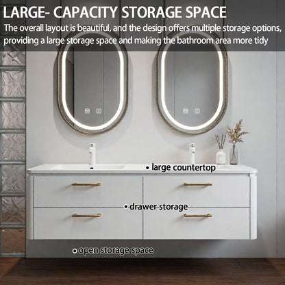 60”-84”Double Sink Floating Bathroom Vanity with LED Oval Mirrors, White Cabinet & Gold Hardware