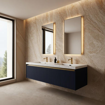 60"-84"Navy Blue Fluted Floating Bathroom Vanity with Double Sinks & LED Mirrors