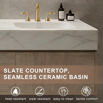 60”-84”Double Sink Floating Bathroom Vanity with LED Backlit Mirror, Wall Mounted Light Oak Vanity with White Marble Top