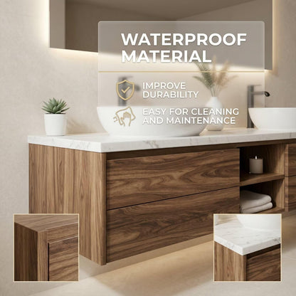 60"-84"Modern Walnut Floating Bathroom Vanity with Double Vessel Sinks & Marble Top