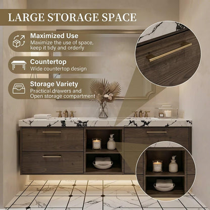 60”-84”Double Floating Vanity with Gold Trim Mirror, Espresso Wood & Marble Countertop