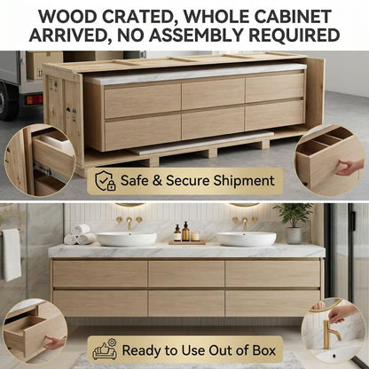 60"-96"Modern Wall-Mounted Vanity with Marble Top & Gold Hardware & Soft-Close Drawers