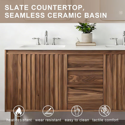 60”-84”Double Sink Freestanding Bathroom Vanity with 2 LED Mirrors, Walnut Wood Vanity with Fluted Panels & White Marble Top