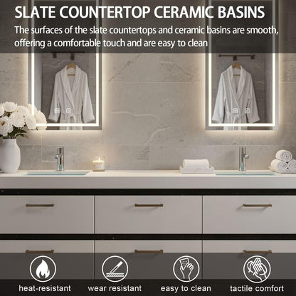 60”-84”Double Sink Floating Bathroom Vanity with LED Rectangular Mirrors, White Modern Cabinet