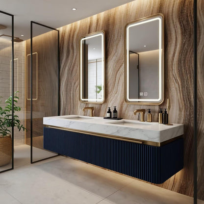 60"-84"Navy Blue Fluted Floating Bathroom Vanity with Marble Top & LED Lighted Mirror
