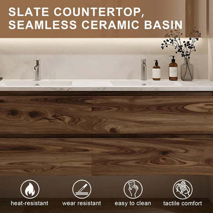 60”-84”Floating Double Sink Bathroom Vanity with LED Backlit Mirror, Wall Mounted Walnut Wood Vanity with Marble Top & Storage Drawers