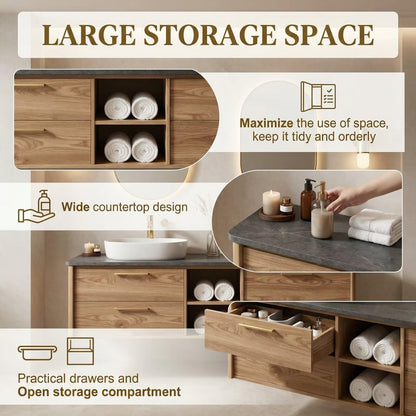 60”-96” Light Oak Floating Bathroom Vanity with Double Sinks & LED Oval Mirrors