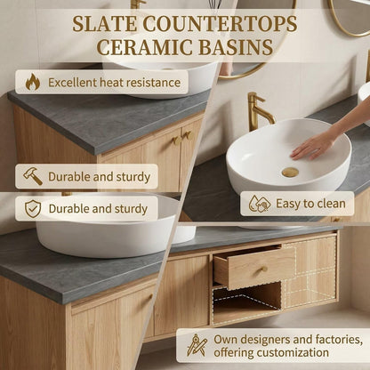 60”-84” Double Sink Floating Vanity with Gold Round Mirrors