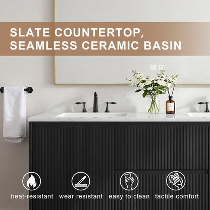 60”-84”Double Sink Freestanding Bathroom Vanity, Black Fluted Panel Vanity with White Marble Top & Gold Trim Mirror