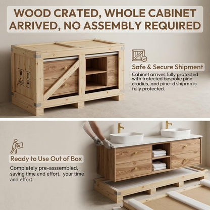 60"84"Modern Floating Oak Bathroom Vanity with Double Sinks & Gold Framed Oval Mirrors