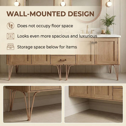 60"-96"Light Oak Double Sink Bathroom Vanity with Marble Top & Rose Gold Legs
