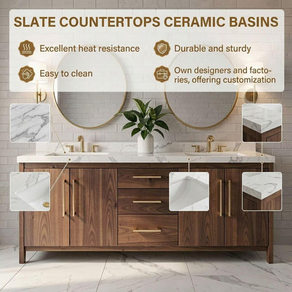60"-96"Modern Walnut Bathroom Vanity with Double Sinks, Marble Top & Gold Hardware