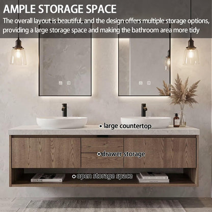 60"-84"Rustic Floating Bathroom Vanity with Double Vessel Sinks & LED Backlit Mirrors