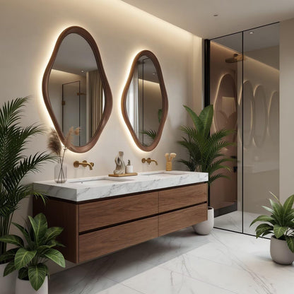 60"-96"Walnut Floating Bathroom Vanity with Irregular LED Mirrors & Marble Top