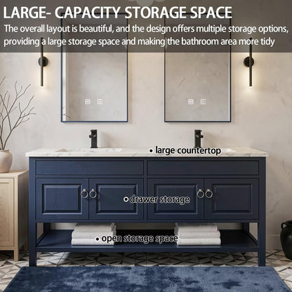 60”-84” Double Vanity, Navy Blue Cabinet with Marble Top & Black Metal Mirrors