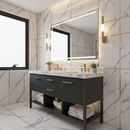 60"-96"Modern Bathroom Vanity with Gold Hardware, Open Shelves & LED Light