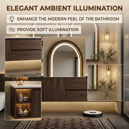 60"-96"Dark Walnut Floating Bathroom Vanity with LED Arched Mirrors & Open Shelves