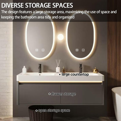 60”-78”Double Sink Floating Bathroom Vanity with LED Oval Mirrors, Dark Gray Cabinet