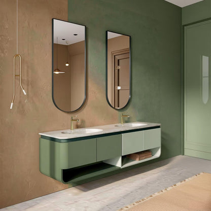 60"-96"Modern Wall-Mounted Vanity with Open Shelves, Marble Countertop & LED Mirrors
